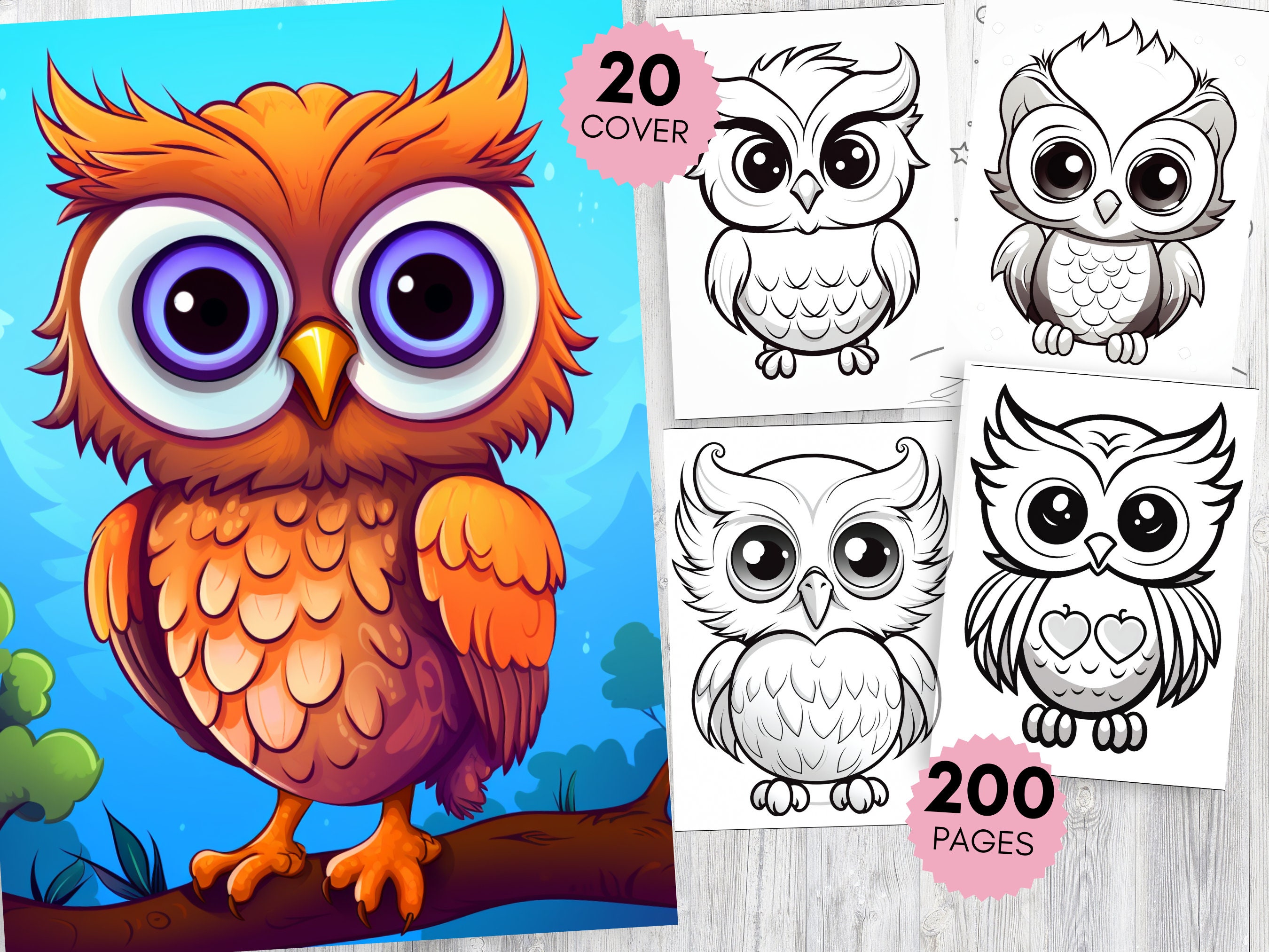 200 Pages Owl Coloring Book - Adults Kids Coloring Pages, Instant Download, Grayscale Coloring Book,