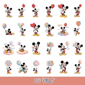 Pode incluir: Uma coleção de vinte e quatro ilustrações digitais apresentando Mickey Mouse em várias poses, frequentemente segurando balões coloridos simples ou múltiplos, balões em forma de coração ou sentado em nuvens. O texto 24 PNG é exibido na parte inferior.