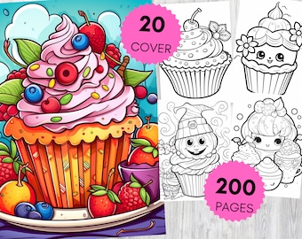 子供と大人向けの甘いカップケーキの塗り絵、楽しいデザートの塗り絵、リラックスできるアクティビティブック、印刷可能なデジタルダウンロード