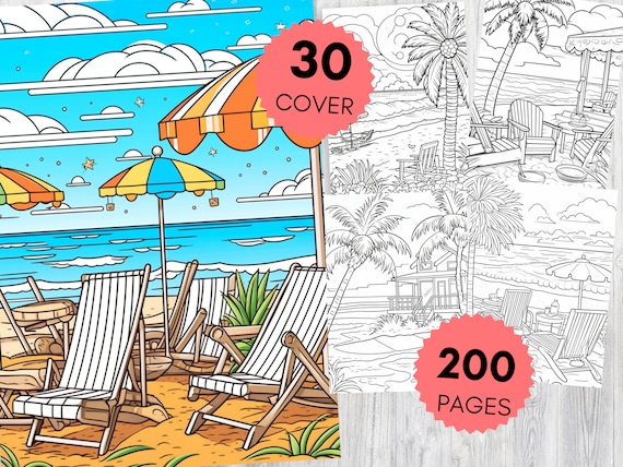Summer Beach Coloring Pages, Relaxing Coastal Scenes for Kids and Adults, Palm Tree & Seaside Chair Art, Printable Coloring Book