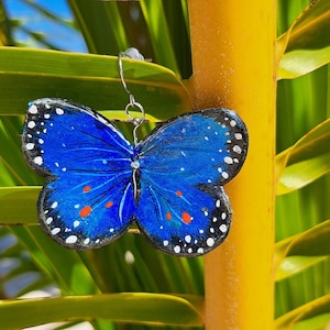 Può includere: Orecchino a farfalla blu con dettagli bianchi e arancioni. L'orecchino è appeso a un gancio d'argento, su uno sfondo di foglie verdi e uno stelo giallo, con uno scorcio di cielo blu.