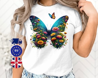 T-shirt graphique Butterfly Nature Blossom - T-shirt floral - Vêtements décontractés inspirés de la nature et du jardin, cadeau pour les amoureux de la nature