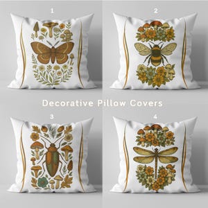 Vintage Insect Botanical Pillow Covers, Butterfly Bee Beetle Dragonfly Throw Pillow Set, Cottagecore Nature Decor, Mushroom Moth Pillow Case