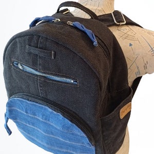Black and blue denim backpack for women