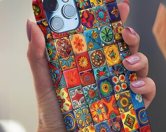 Coque de portable à carreaux mexicains - Coque pour smartphone de style Talavera - Motif carreaux colorés peints à la main - 15 iPhones, Samsung Galaxy et Google Pixel