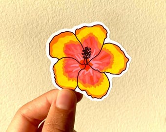 Oranje hibiscus sticker, bloemsticker, hibiscus, tropische bloem, bloemensticker, tropische decoratie, vinylsticker, cadeau
