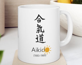 Aikido Mug, Best gift for Aikido lovers, Mug 11oz with Kanji simbol and Morihei Ueshiba (1883-1969) Morihei Ueshiba
