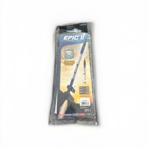 May include: A packaged Estes Epic II flying model rocket kit. The package features a blue and white rocket design with the text "EPIC II" and "2-STAGE ROCKET". The package also includes a diagram of the rocket's dimensions.