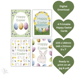 Druckbare Osterkarte Bundle 4 Frohe Ostern Karten Druck zu Hause Grußkarte Digitaler Download Ostereier Karte Blumen Osterhasenkarte