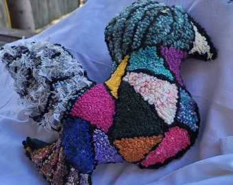 One of a kind, handmade, rug-hooked bird pillow
