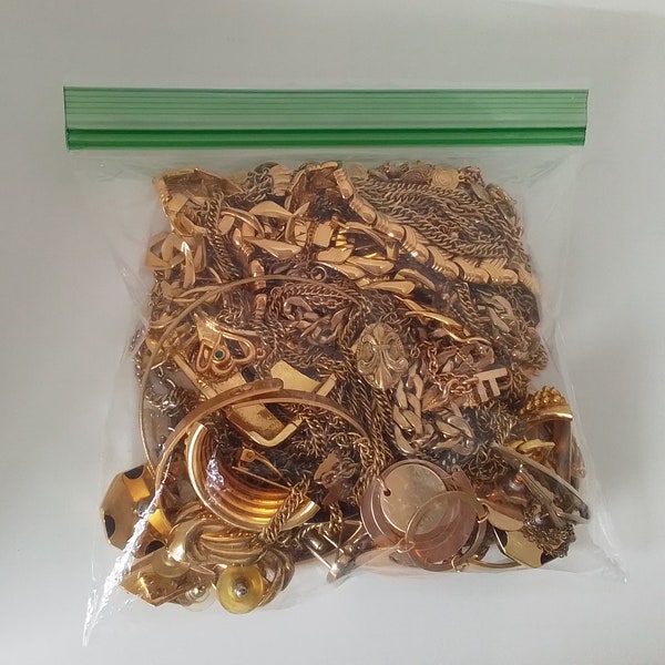 1.5 lb Bulk gold-tone jewelry bag, includes Monet, Taylor LTD, and Tosh items. All wearable.