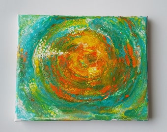 Peinture acrylique abstraite originale pour coulée, tourbillon orange turquoise