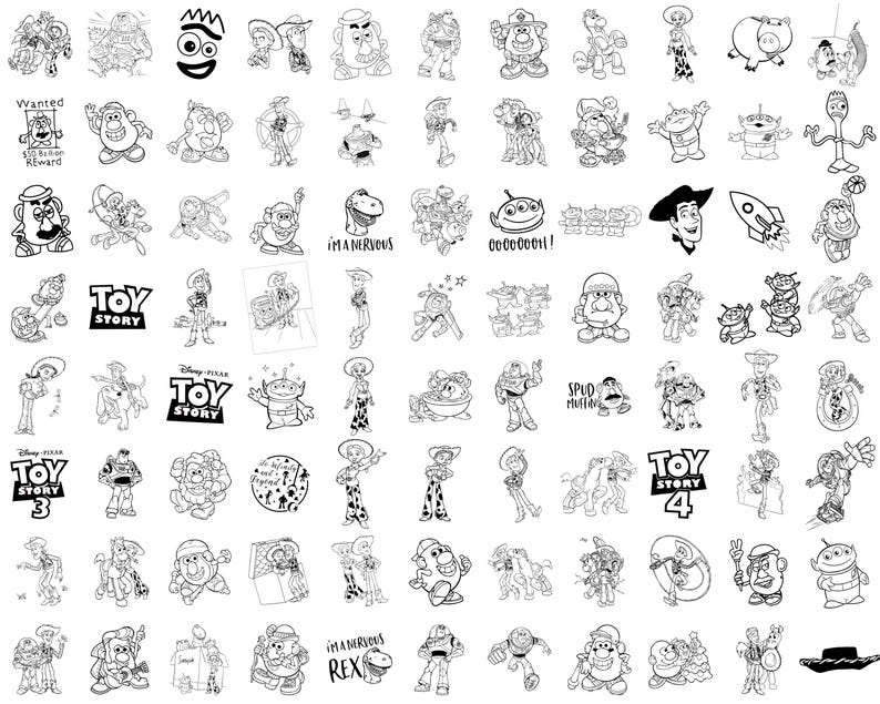 Puede incluir: Ilustraciones en blanco y negro de personajes de Toy Story. La imagen incluye a Woody, Buzz Lightyear y otros personajes. El logotipo de Toy Story tambi&eacute;n est&aacute; presente, junto con los textos "Wanted" y "Reward".