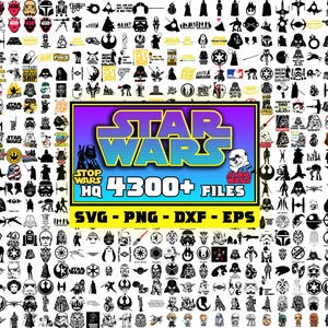 May include: A collection of Star Wars-themed graphics in black and white. The image includes various characters, logos, and quotes from the Star Wars franchise. A central graphic reads "STAR WARS 4300+ FILES" with file type options: SVG, PNG, DXF, and EPS.