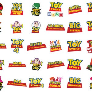 Puede incluir: Una colecci&oacute;n de gr&aacute;ficos coloridos con el tema de Toy Story. Los dise&ntilde;os presentan personajes y frases como "Toy Story", "Happy Birthday" y "You Got a Friend in Me". Los logotipos son de varias formas y tama&ntilde;os, con un fondo blanco.