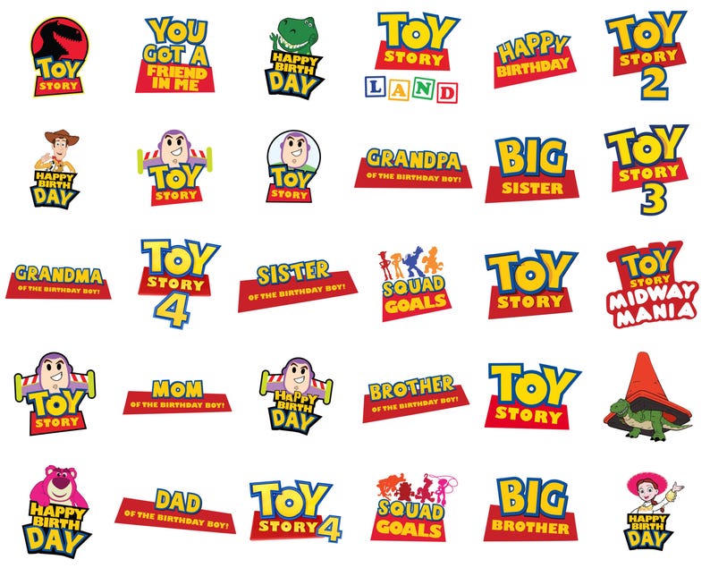 Puede incluir: Una colecci&oacute;n de gr&aacute;ficos coloridos con el tema de Toy Story. Los dise&ntilde;os presentan personajes y frases como "Toy Story", "Happy Birthday" y "You Got a Friend in Me". Los logotipos son de varias formas y tama&ntilde;os, con un fondo blanco.