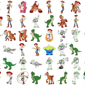 Puede incluir: Una colecci&oacute;n de ilustraciones de personajes de dibujos animados de la franquicia Toy Story. Las im&aacute;genes incluyen a Woody, Buzz Lightyear, Jessie, Rex y otros personajes en varias poses. Los personajes son de colores brillantes y est&aacute;n sobre un fondo blanco.