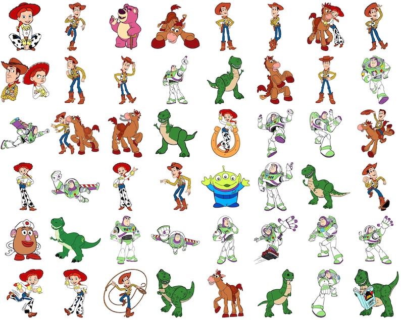 Puede incluir: Una colecci&oacute;n de ilustraciones de personajes de dibujos animados de la franquicia Toy Story. Las im&aacute;genes incluyen a Woody, Buzz Lightyear, Jessie, Rex y otros personajes en varias poses. Los personajes son de colores brillantes y est&aacute;n sobre un fondo blanco.