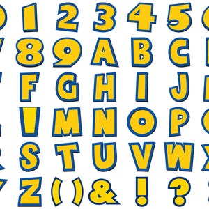 Puede incluir: Un conjunto de n&uacute;meros, letras y s&iacute;mbolos amarillos con un contorno azul. Se muestran los n&uacute;meros del 0 al 9 y el alfabeto de la A a la Z, junto con par&eacute;ntesis, una & comercial, un signo de exclamaci&oacute;n y un signo de interrogaci&oacute;n.