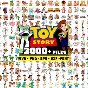 Op de afbeelding: Een verzameling digitale bestanden met personages uit de animatiefilm "Toy Story". De afbeelding bevat het "Toy Story" logo, Woody, Buzz Lightyear en andere personages. De tekst luidt "3000+ FILES" en geeft bestandsformaten weer.