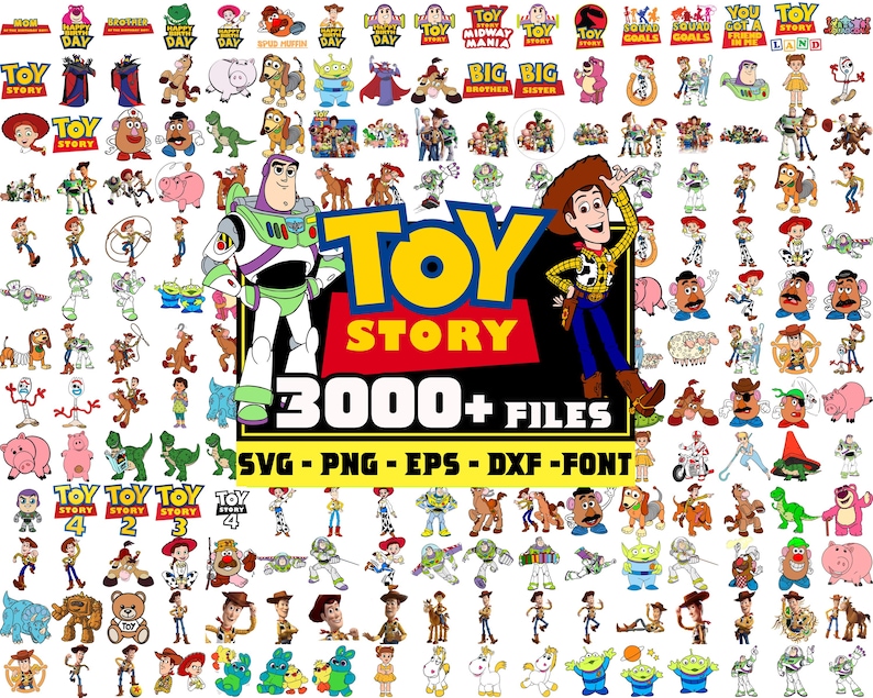Puede incluir: Una colecci&oacute;n de archivos digitales con personajes de la pel&iacute;cula animada "Toy Story". La imagen incluye el logotipo de "Toy Story", Woody, Buzz Lightyear y otros personajes. El texto dice "3000+ FILES" y enumera formatos de archivo.