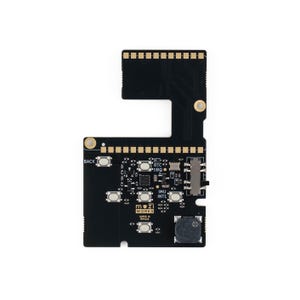 May include: A black printed circuit board featuring gold-colored contact pads, multiple white tactile push buttons, and various electronic components. The board is labeled with the text Muzi Works, Super IO, and M94G1A, along with labels for RTC, IRQ, and IMU INT1.