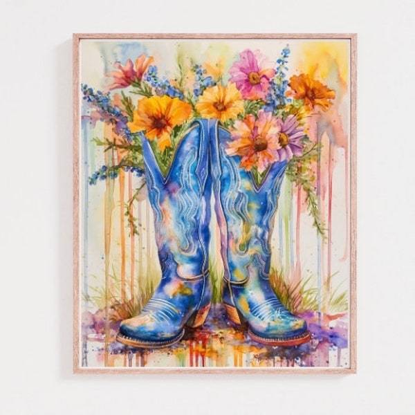 Blue Cowgirl Boots with Wild Flowers Watercolor Painting, Country Chic Design, Texas-inspired, perfect for yourself or a gift!