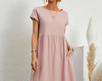 Linen Loose Short Sleeve Dress - Premium Linen Clothing for Women - Gift For Her