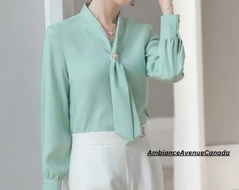 Women's Long Sleeves Silk Blouse - Bow Tie Silk blouse - Puff sleeves Top - Gift for her - Office Blouse