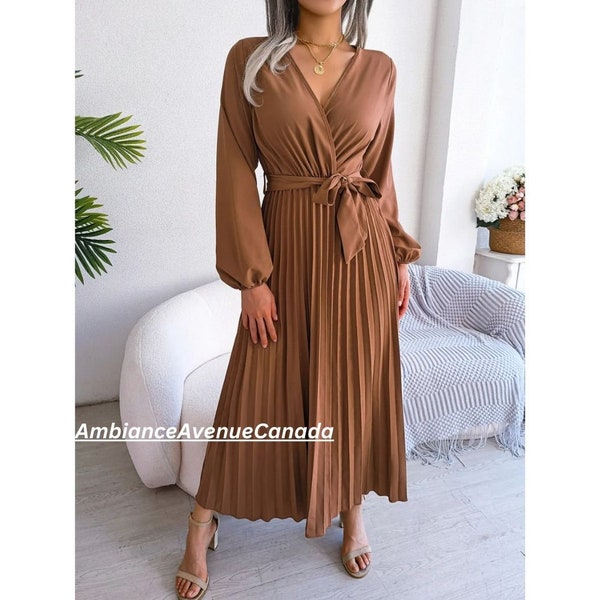 Women Pleated Maxi Dress - Chic V Neck Long Sleeve Dress - Loose Waist Dress with Belt - Gift For Her