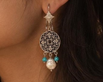 Silver Persian Motif Dangle Earrings, Handmade Iranian Jewelry, Turquoise Pearl Accent