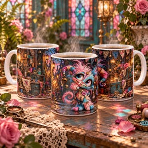 May include: Three white ceramic mugs featuring a colorful, detailed illustration of a whimsical creature with large eyes and stitched fur, surrounded by a cluttered sewing room scene with spools of thread, lace, and buttons.