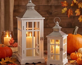 Set of 2 White Wood Lanterns Farmhouse Rustic Candle Holder Home Wedding Decor Living Room Distressed White Wooden Lantern Set