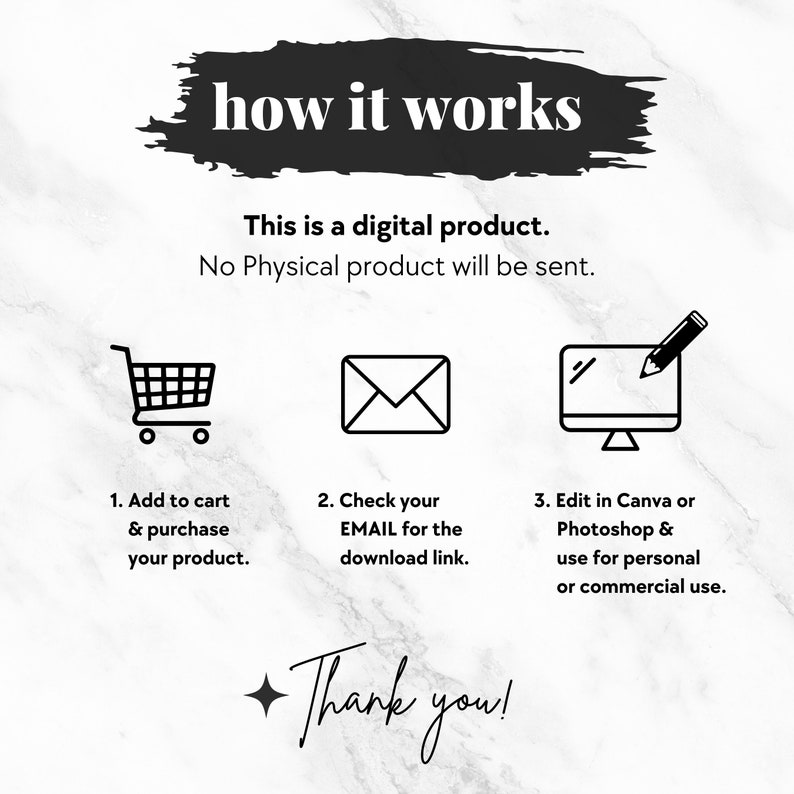 K&ouml;nnte beinhalten: Schwarz-wei&szlig;-Illustration, die zeigt, wie man ein digitales Produkt kauft und verwendet. Die Schritte sind: 1. In den Warenkorb legen und kaufen Sie Ihr Produkt. 2. &Uuml;berpr&uuml;fen Sie Ihre E-MAIL, um den Download-Link zu erhalten. 3. Bearbeiten Sie es in Canva oder Photoshop und verwenden Sie es f&uuml;r den pers&ouml;nlichen oder kommerziellen Gebrauch. Der Text "how it works" und "Thank you!" ist ebenfalls enthalten.