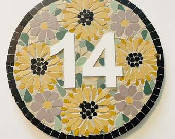 Ceramic mosaic house / door number sign / plaque with flowers or dog