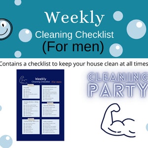 Op de afbeelding: Een blauwe en witte checklist met de titel "Weekly Cleaning Checklist (For men)" met een lijst met schoonmaaktaken voor elke dag van de week. De checklist is omringd door blauwe bubbels en de tekst "Cleaning Party" staat in witte letters op een blauwe achtergrond.