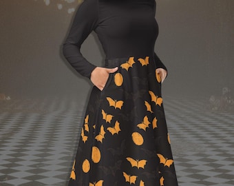 Gothic Bat Print Midi Dress: Halloween Long Sleeve Dress with Pockets