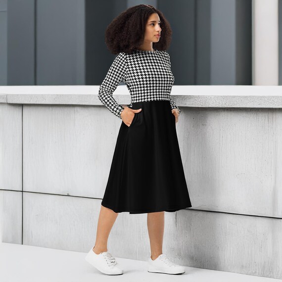 Houndstooth Midi Dress, Long Sleeve A Line Dress with Pockets, Black Midi Dress, Classic Pattern Dress