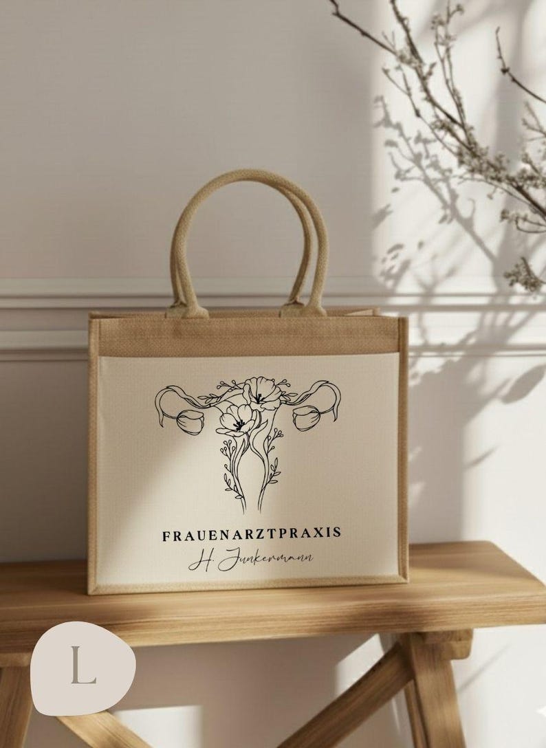 Personalized Gift Jute Bag Gynecologist | Fineline Ovary Flowers | Gynecologist Practice Gift Thank You | Gift for Doctors image 2