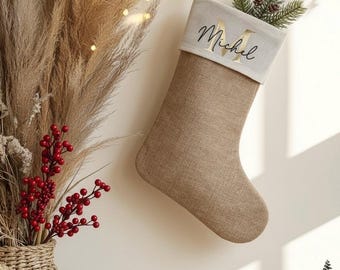 Personalized Santa stocking with name and initial | 24.5 x 23.2 cm | 21 colors available | Fabric stocking for hanging in jute look
