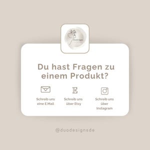 May include: A white card with the text "Du hast Fragen zu einem Produkt?" and three icons: an envelope, the letter "E", and a camera. Below the icons is the text "@duodesignsde".
