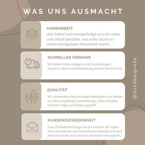 May include: A graphic with four sections, each with a different icon and text. The sections are titled "Handarbeit", "Schneller Versand", "Qualit&auml;t", and "Kundenzufriedenheit".