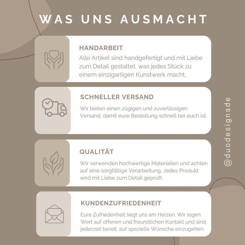 May include: A graphic with four sections, each with a different icon and text. The sections are titled "Handarbeit", "Schneller Versand", "Qualit&auml;t", and "Kundenzufriedenheit".