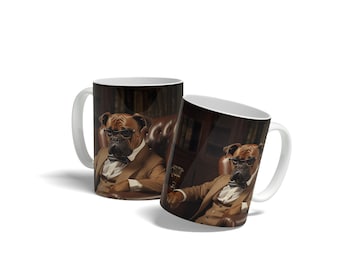 Sophisticated Boxer Dog Mug: Dapper Suit, Glasses, Bow Tie