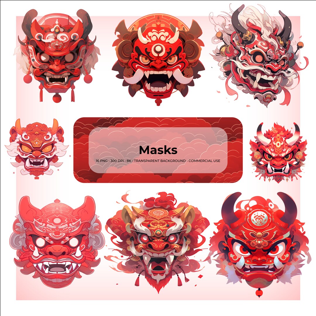 Lunar New Year Masks PNG, Traditional Chinese Lunar New Year, Transparent Background, Printable ...