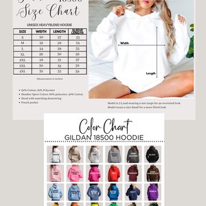 K&ouml;nnte beinhalten: Ein wei&szlig;er Gildan 18500 Hoodie mit Gr&ouml;&szlig;entabelle und Farboptionen. Die Gr&ouml;&szlig;entabelle zeigt Ma&szlig;e in Zoll an. Die Farbkarte zeigt verschiedene Hoodie-Farben, darunter Wei&szlig;, Schwarz und Rot.
