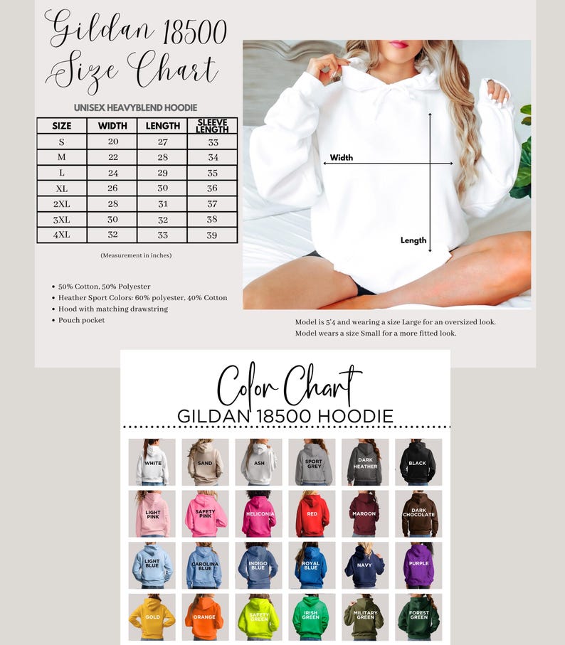 K&ouml;nnte beinhalten: Ein wei&szlig;er Gildan 18500 Hoodie mit Gr&ouml;&szlig;entabelle und Farboptionen. Die Gr&ouml;&szlig;entabelle zeigt Ma&szlig;e in Zoll an. Die Farbkarte zeigt verschiedene Hoodie-Farben, darunter Wei&szlig;, Schwarz und Rot.