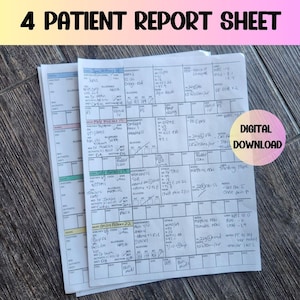 Puede incluir: Un primer plano de una hoja de informe de paciente con notas escritas a mano. La hoja está dividida en secciones para la información del paciente, las evaluaciones, los signos vitales, los medicamentos y las actividades. La hoja está etiquetada como "4 Patient Report Sheet" en la parte superior.