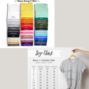 K&ouml;nnte beinhalten: Bild von Bella + Canvas 3001 Unisex-T-Shirts in verschiedenen Farben, darunter Wei&szlig;, Gelb und Gr&uuml;n. Eine Gr&ouml;&szlig;entabelle zeigt die Ma&szlig;e in Zoll f&uuml;r Brust, Breite und L&auml;nge. Die Hemden werden auf einem Kleiderb&uuml;gel pr&auml;sentiert.