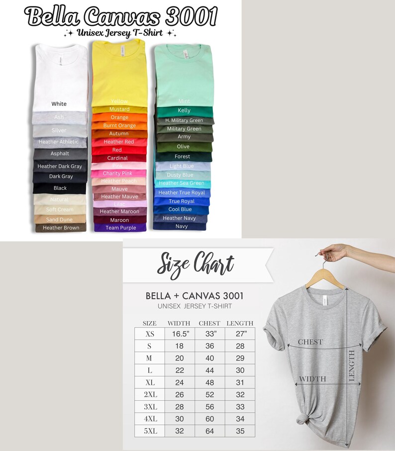 K&ouml;nnte beinhalten: Bild von Bella + Canvas 3001 Unisex-T-Shirts in verschiedenen Farben, darunter Wei&szlig;, Gelb und Gr&uuml;n. Eine Gr&ouml;&szlig;entabelle zeigt die Ma&szlig;e in Zoll f&uuml;r Brust, Breite und L&auml;nge. Die Hemden werden auf einem Kleiderb&uuml;gel pr&auml;sentiert.
